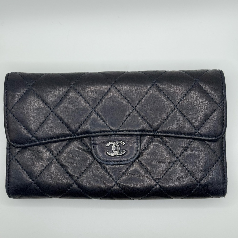 Authentic Chanel lambskin quilted large flap gusset wallet navy blue silver